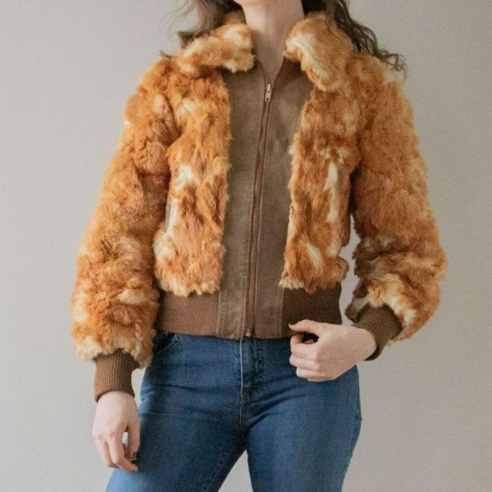 Vintage 70s Dino Ricco Rabbit Fur & Leather Tan Brown Cream Bomber Jacket